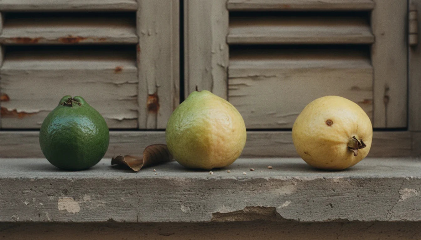 Three fruits on a stone ledge, hard green to fully yellow: ama, pacyamana and pakva in Ashtanga Hridaya 29