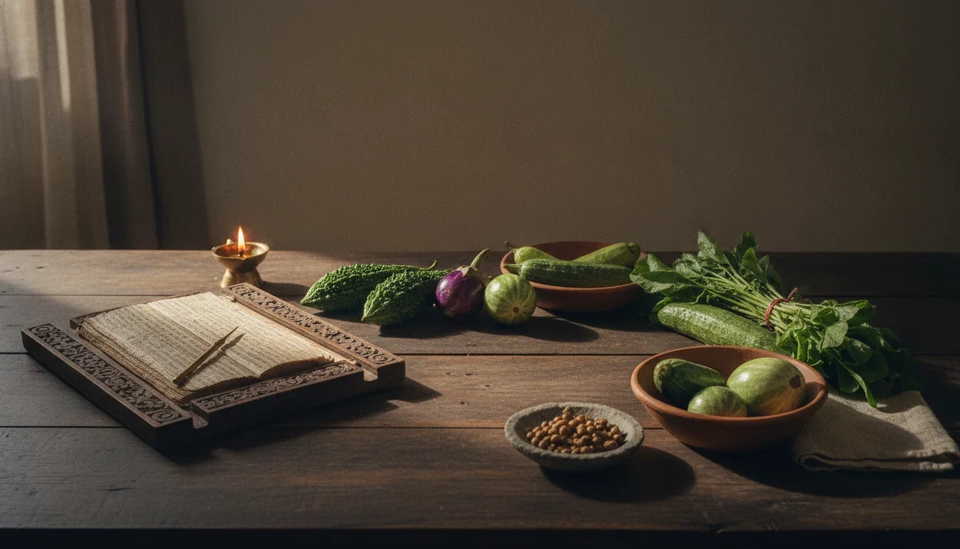Shaka Varga in the Ashtanga Hridaya: Vagbhata's Classical Vegetable Ledger — Karela (Karavellaka), Baingan (Vartaka), Bathua (Vastuka) and the Twenty-Eight Bitter Shakas (Sutrasthana 6)
