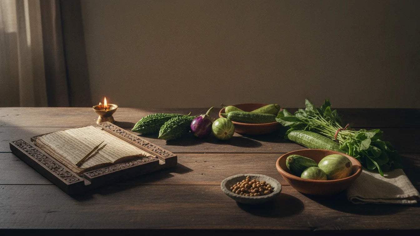 Shaka Varga in the Ashtanga Hridaya: Vagbhata's Classical Vegetable Ledger — Karela (Karavellaka), Baingan (Vartaka), Bathua (Vastuka) and the Twenty-Eight Bitter Shakas (Sutrasthana 6)