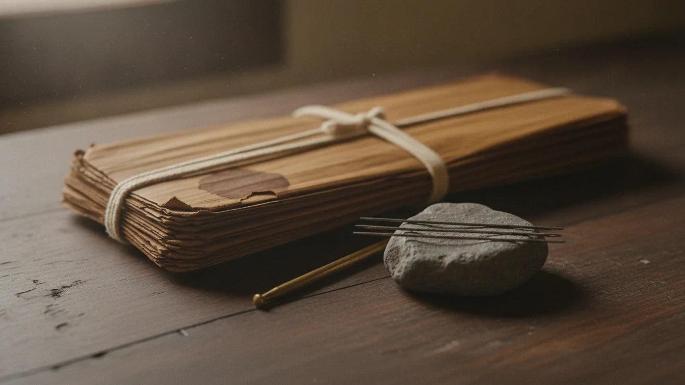 Palm-leaf Ashtanga Hridaya manuscript with a lodestone and iron needles, Shalyaharana Vidhi Sutrasthana 28