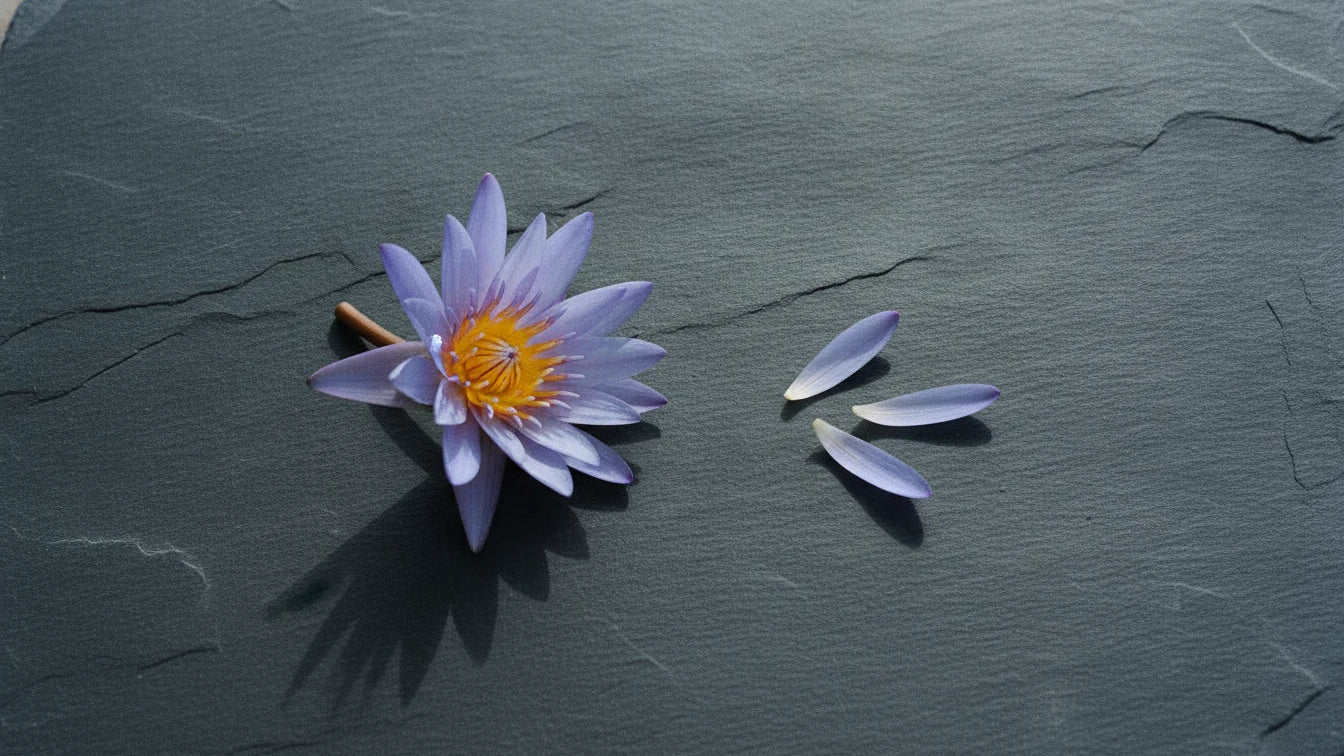 A pale violet-blue water lily and loose petals on dark slate: the edge is to carry the lustre of the blue lotus