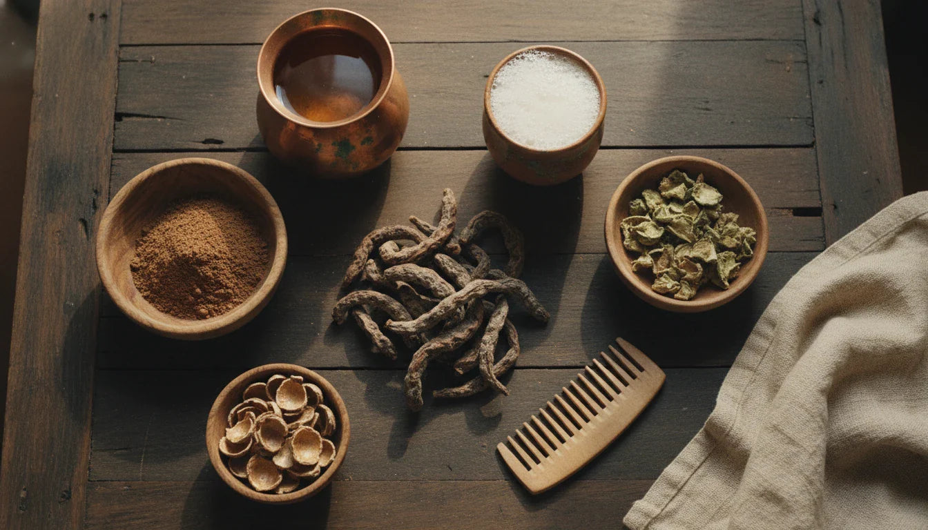 Shikakai for hair flat lay with dried Shikakai pods, Reetha, Amla, copper lota and Ayurvedic hair wash foam