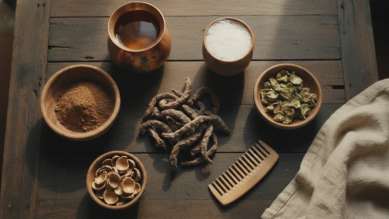 Shikakai for hair flat lay with dried Shikakai pods, Reetha, Amla, copper lota and Ayurvedic hair wash foam