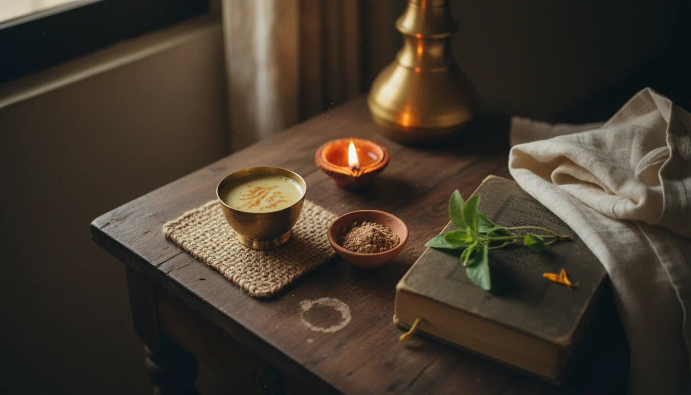 Ayurvedic bedtime ritual with warm spiced milk and brass diya for deep sleep