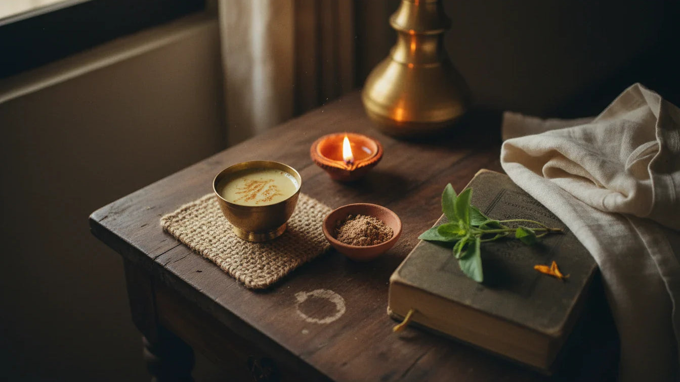 Ayurvedic bedtime ritual with warm spiced milk and brass diya for deep sleep