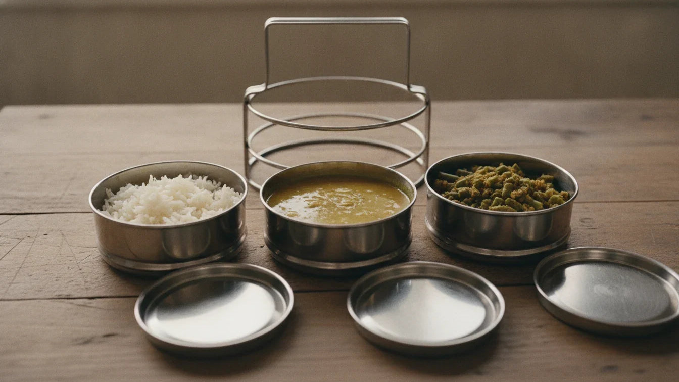 Stale food in Ayurveda: rice, dal and green-bean sabzi in an opened steel tiffin, the next-day lunch this article is about