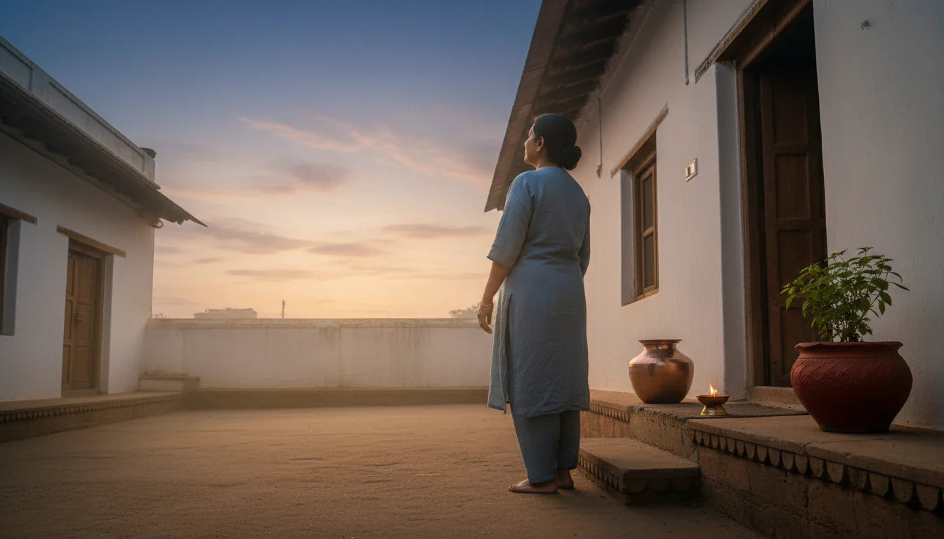 Indian woman beginning her dinacharya morning routine at sunrise beside a copper water pot and tulsi plant