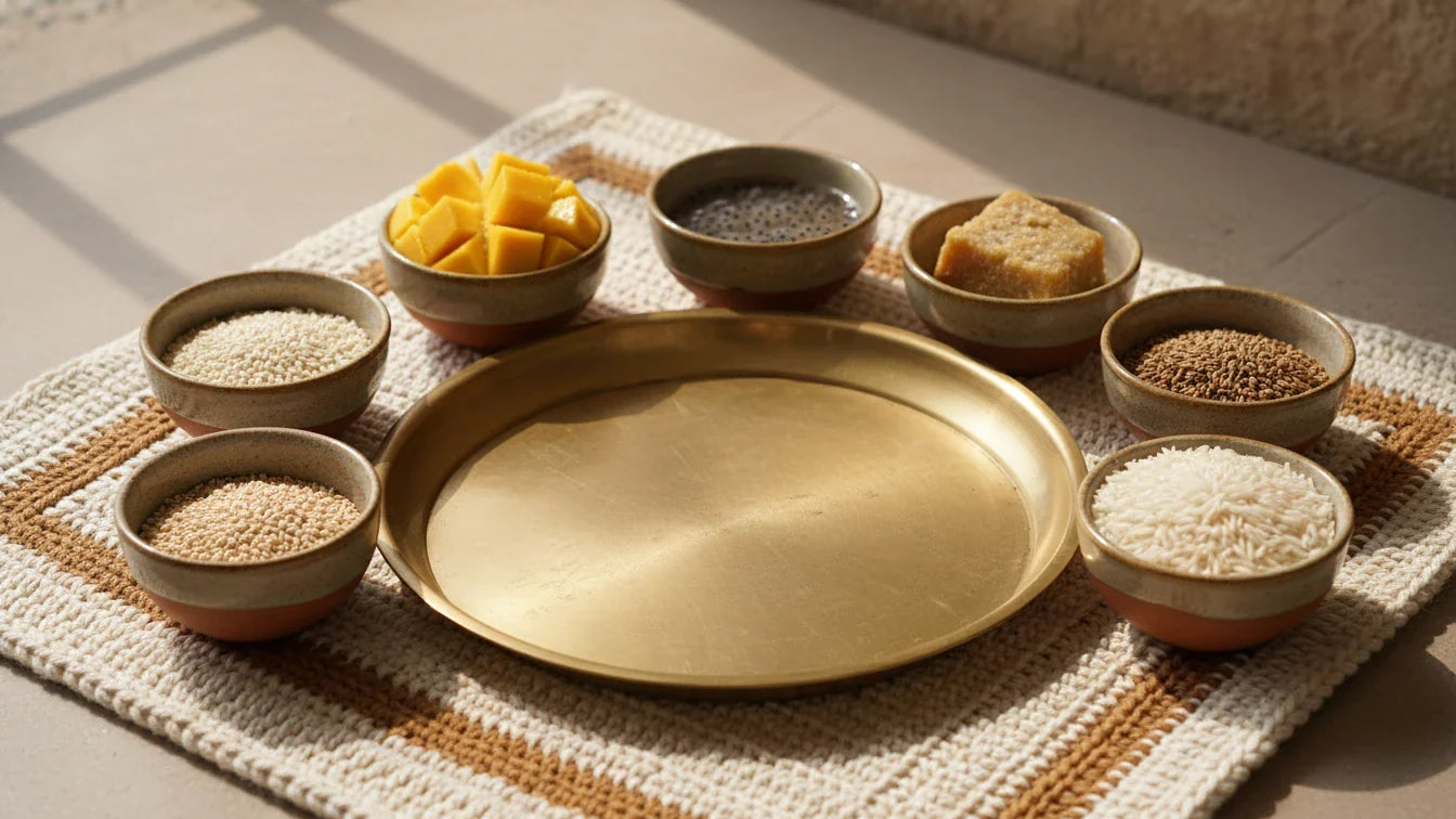 Brass plate with six small bowls of Ayurvedic seasonal ingredients laid on a cotton mat for Ritucharya guide.