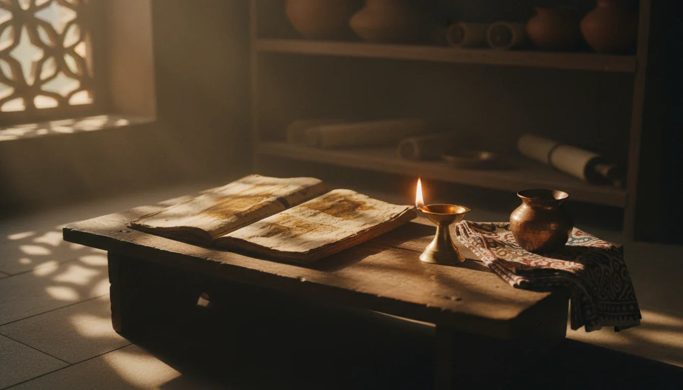 Open palm-leaf manuscript on a wooden desk in soft dawn light representing Vagbhata's Ashtanga Hridaya teachings on disease prevention.