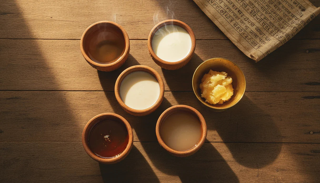 Six earthen and brass cups holding water, milk, buttermilk, ghee, honey and coconut water on a wooden Ayurveda kitchen counter