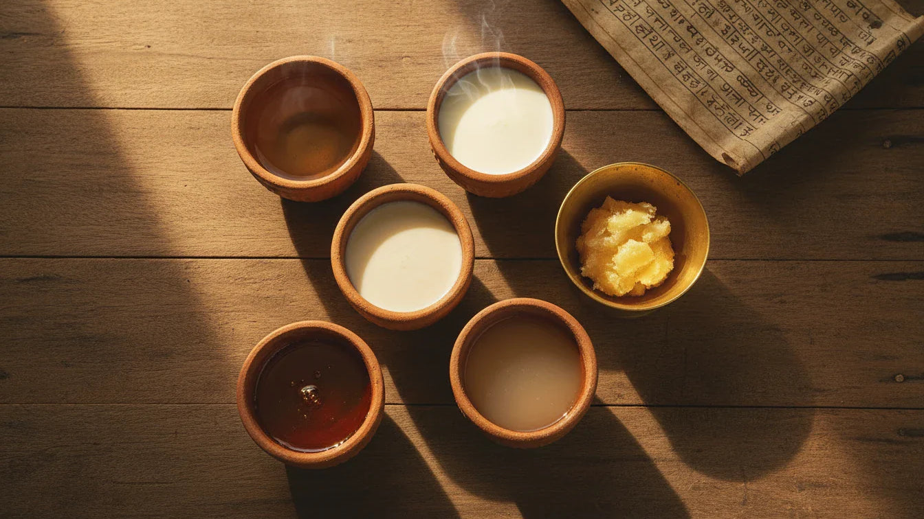 Six earthen and brass cups holding water, milk, buttermilk, ghee, honey and coconut water on a wooden Ayurveda kitchen counter