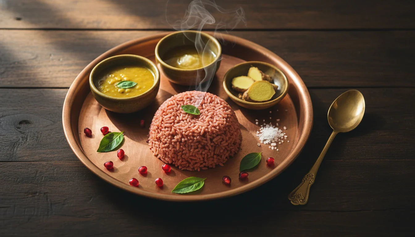 Traditional Ayurvedic thali with red rice, mudga dal, ghee, ginger and pomegranate on dark wood — Vagbhata's food guide