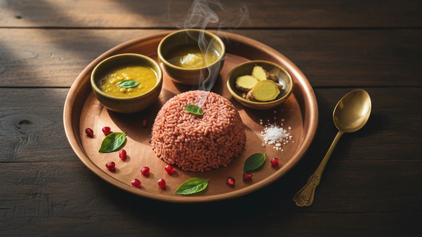 Traditional Ayurvedic thali with red rice, mudga dal, ghee, ginger and pomegranate on dark wood — Vagbhata's food guide