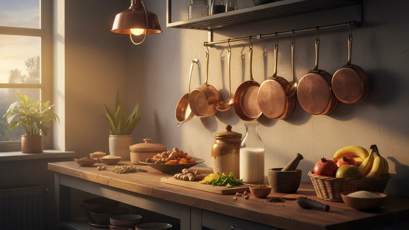 Modern Indian kitchen counter with copper vessels, ghee, turmeric and herbs in soft morning light depicting Ayurvedic anna raksha