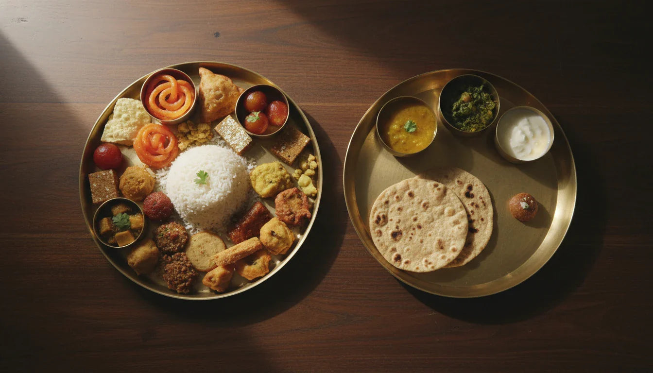 Overflowing Indian thali next to neatly portioned thali showing Ahara Matra principle of right quantity