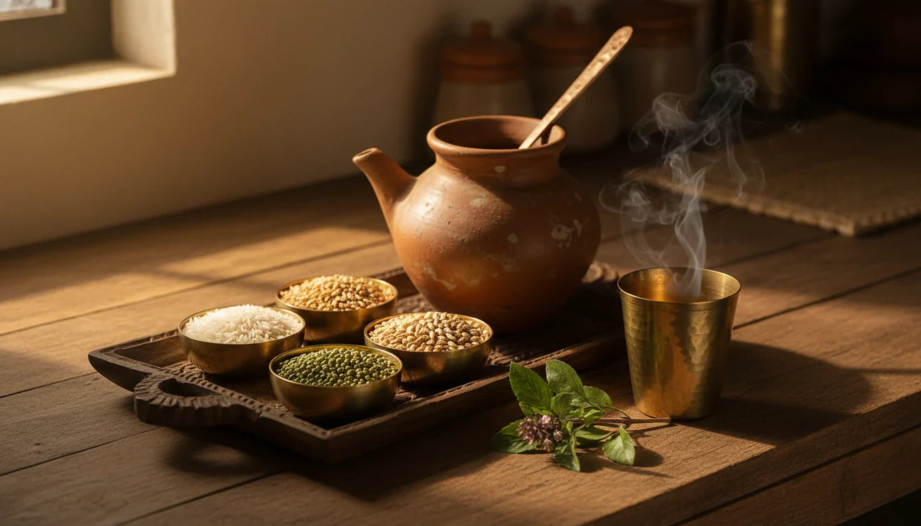 Traditional Indian kitchen counter with brass katoris of whole grains, clay pot and tulsi sprig in golden light