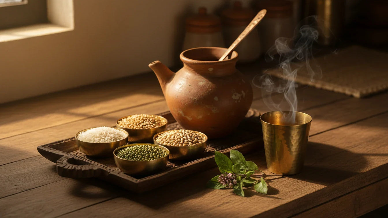 Traditional Indian kitchen counter with brass katoris of whole grains, clay pot and tulsi sprig in golden light