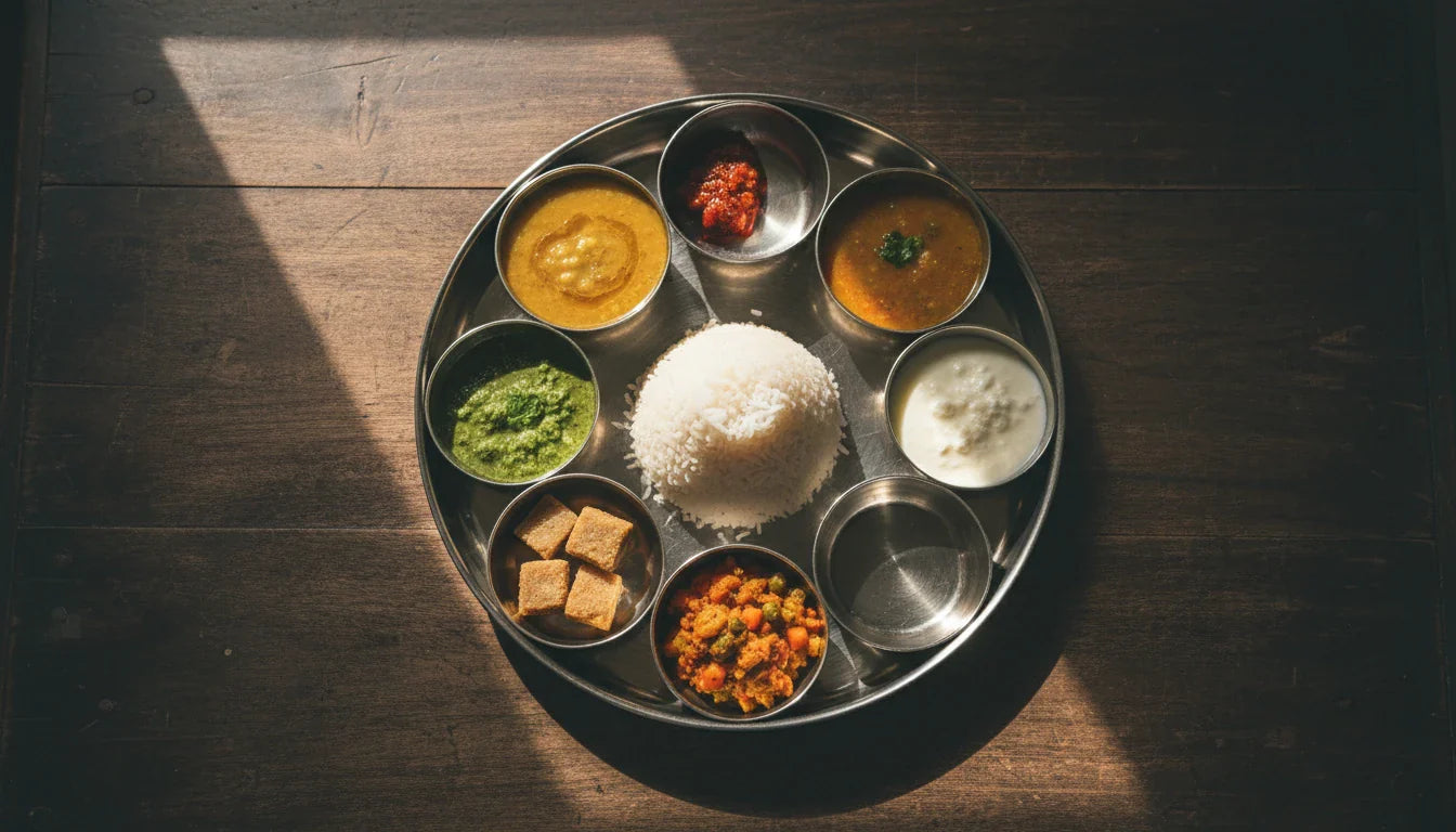 Traditional Indian steel thali with six katoris showing all six tastes of Ayurveda — Vagbhata's daily plate rule