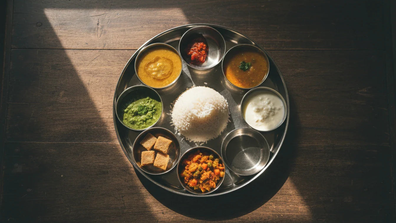 Traditional Indian steel thali with six katoris showing all six tastes of Ayurveda — Vagbhata's daily plate rule