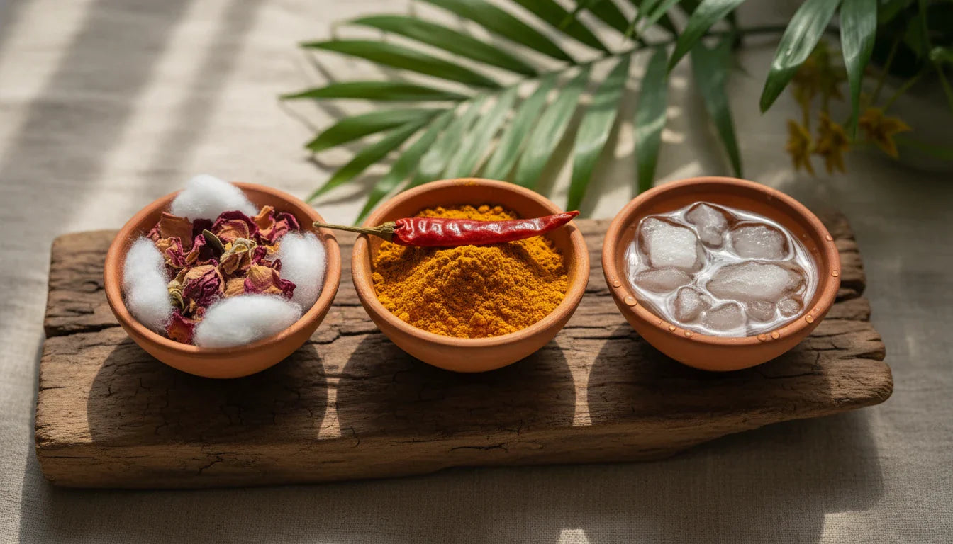 Three terracotta bowls representing Vata, Pitta and Kapha doshas — Tridosha Theory from Ashtanga Hridaya