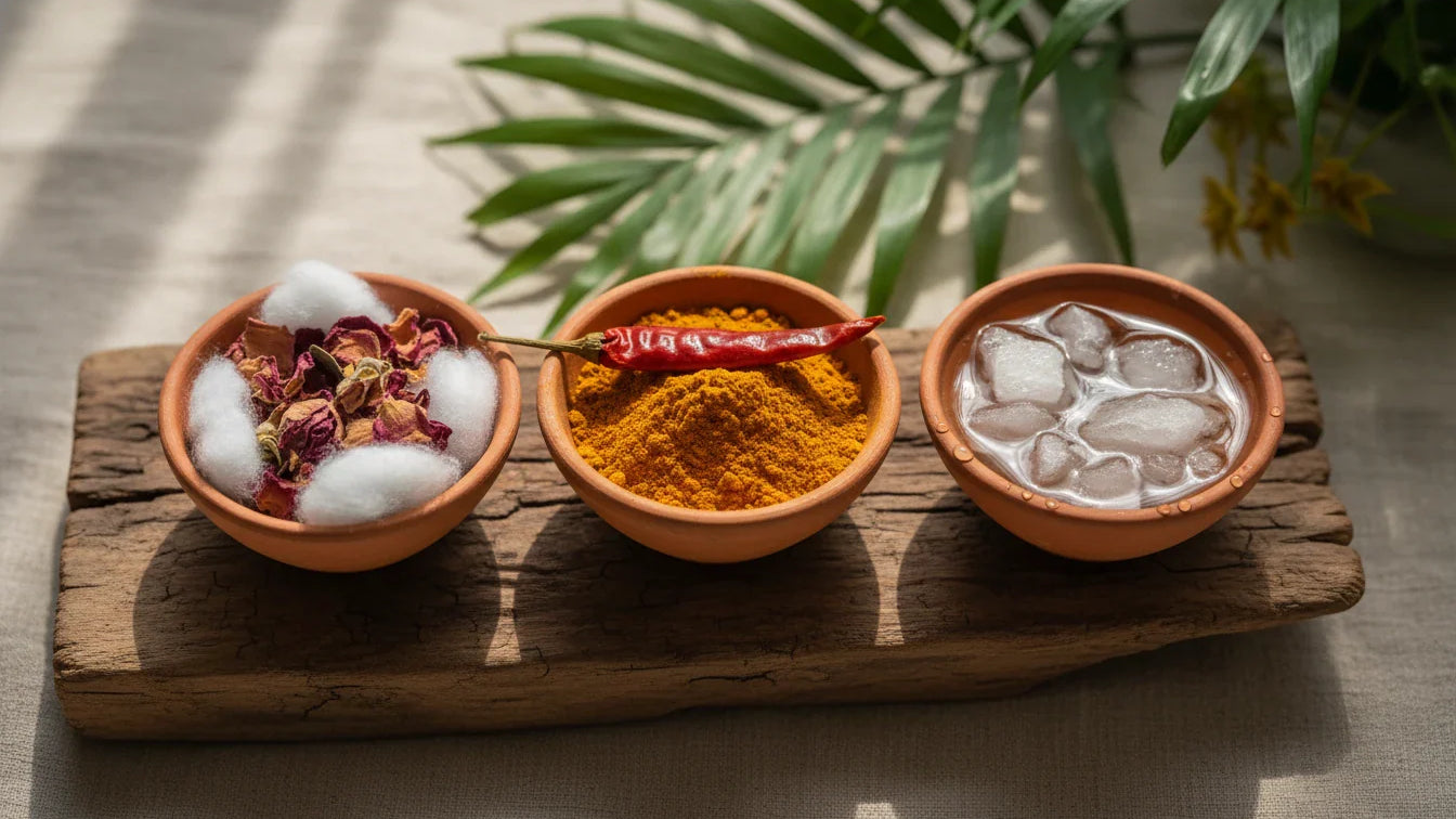 Three terracotta bowls representing Vata, Pitta and Kapha doshas — Tridosha Theory from Ashtanga Hridaya