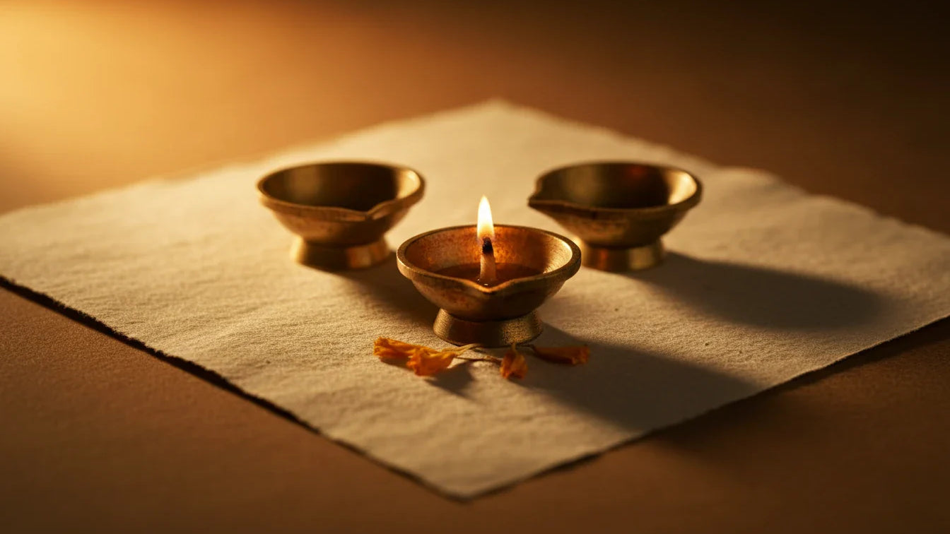 Three brass diyas glowing softly at dawn — Vagbhata's three doshas and their fifteen functional subtypes.
