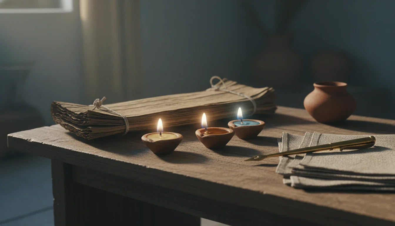 Palm-leaf Ashtanga Hridaya manuscript with three terracotta diyas representing vata pitta kapha doshas in soft lamplight