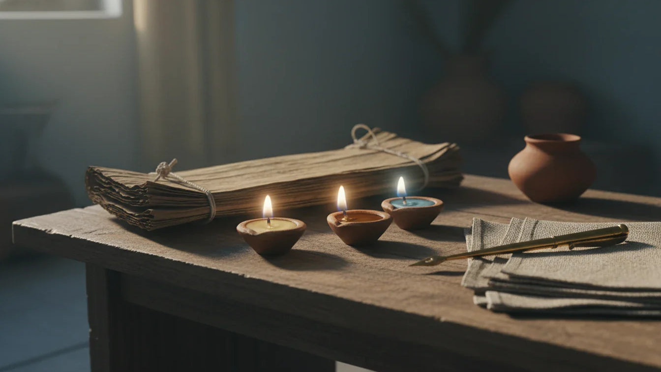 Palm-leaf Ashtanga Hridaya manuscript with three terracotta diyas representing vata pitta kapha doshas in soft lamplight