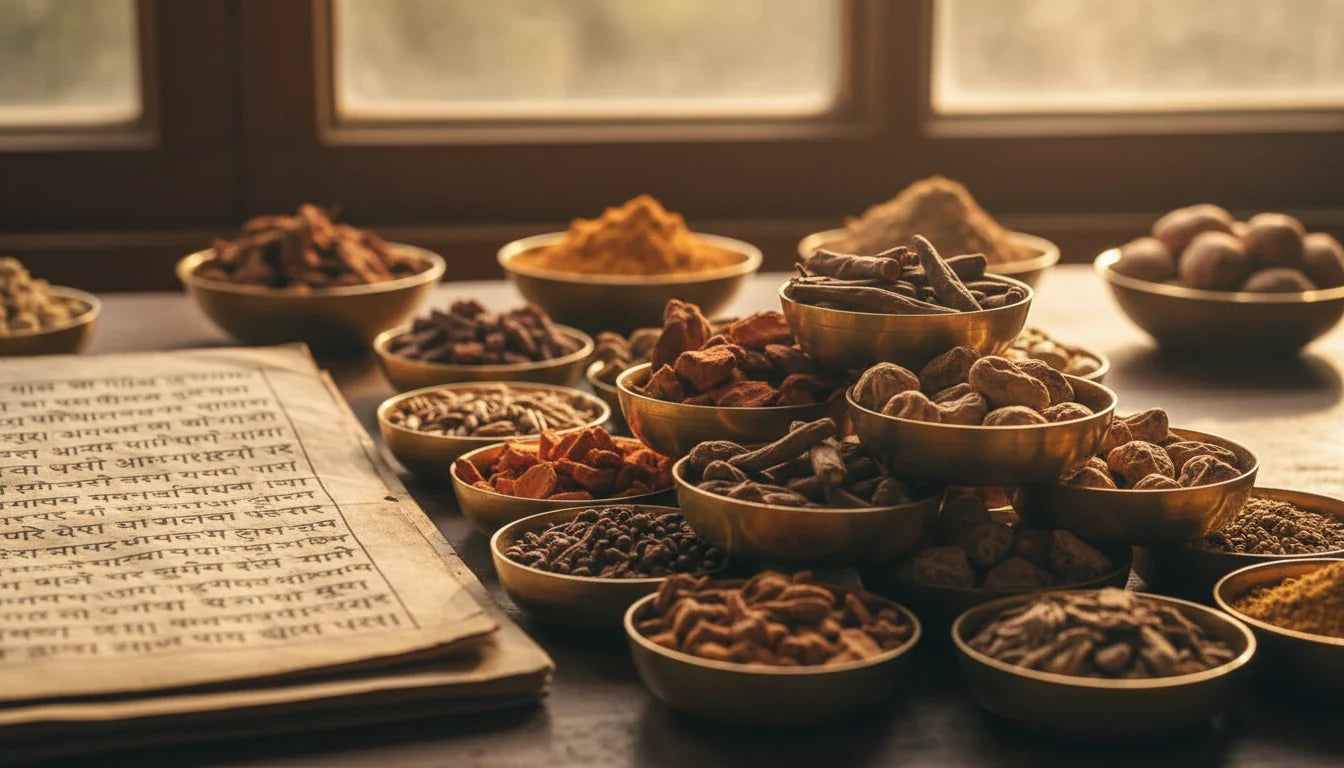 Classical Ayurvedic apothecary bench with open palm-leaf manuscript and brass bowls of herbs