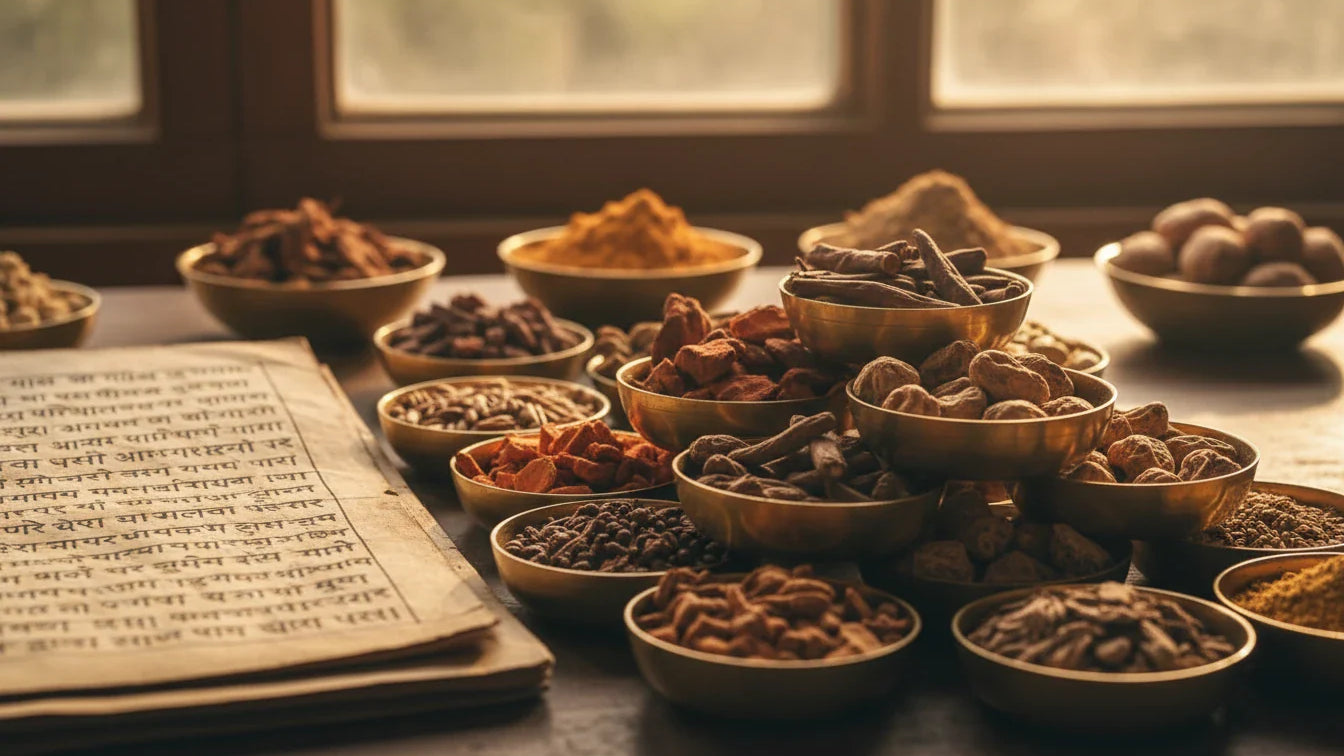 Classical Ayurvedic apothecary bench with open palm-leaf manuscript and brass bowls of herbs