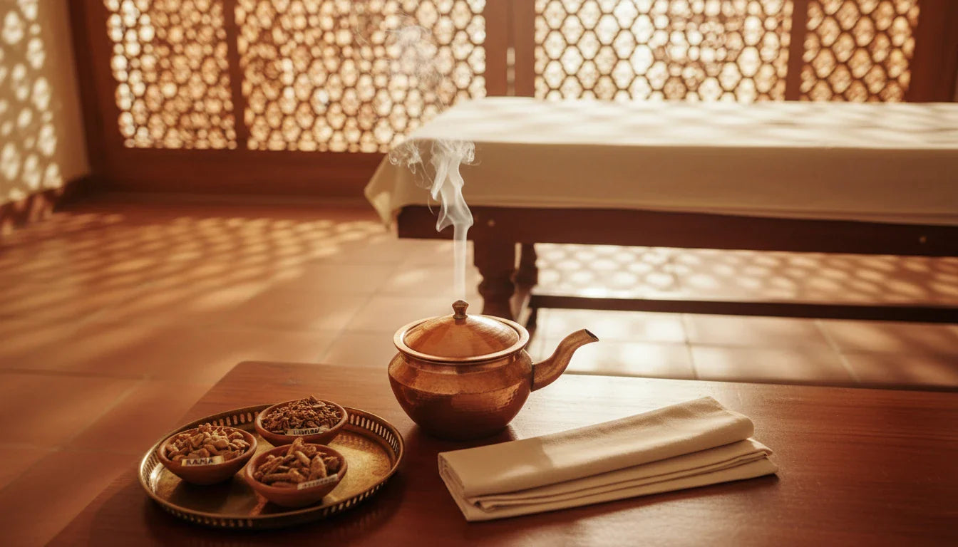 Copper steam pot in traditional Ayurvedic therapy room set for Svedana therapy
