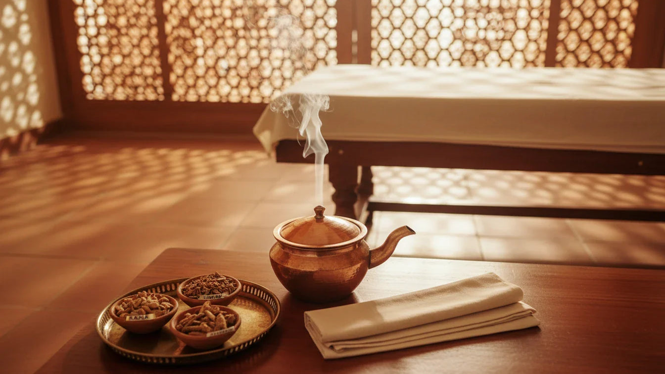 Copper steam pot in traditional Ayurvedic therapy room set for Svedana therapy