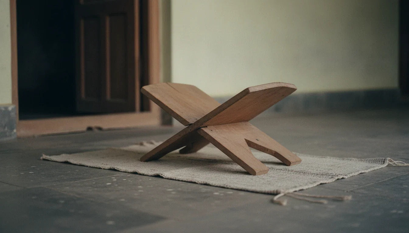 Tantra dosha and tantra guna: an empty wooden rehal book-stand on a cotton mat, a reader's seat for the Ashtanga Hridaya