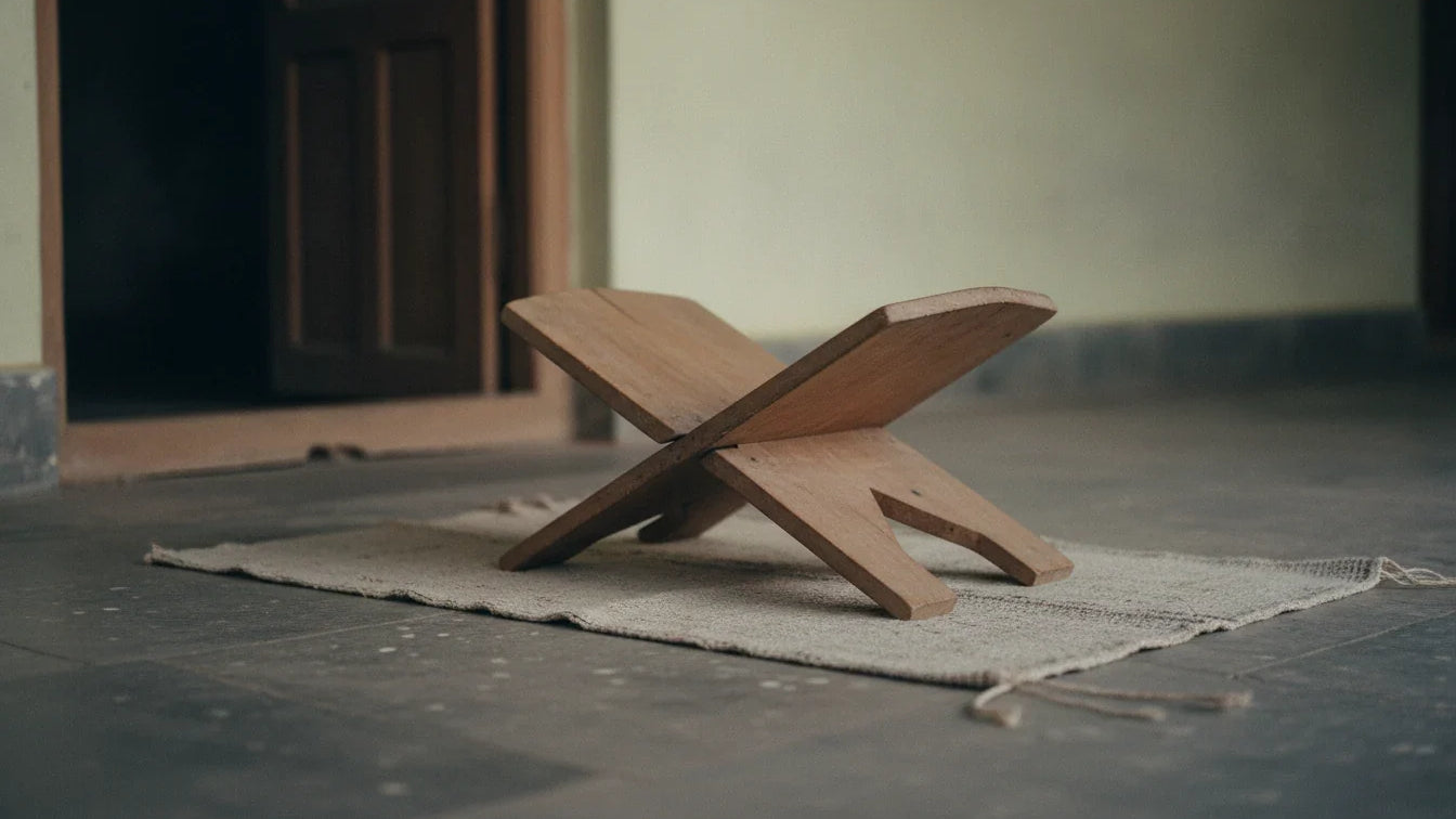 Tantra dosha and tantra guna: an empty wooden rehal book-stand on a cotton mat, a reader's seat for the Ashtanga Hridaya