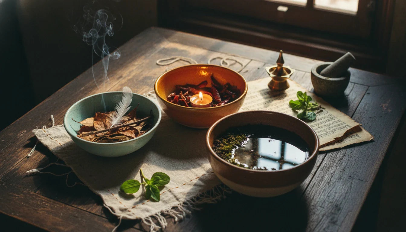 Three ceramic bowls representing Vata Pitta Kapha tridosha with their elemental qualities