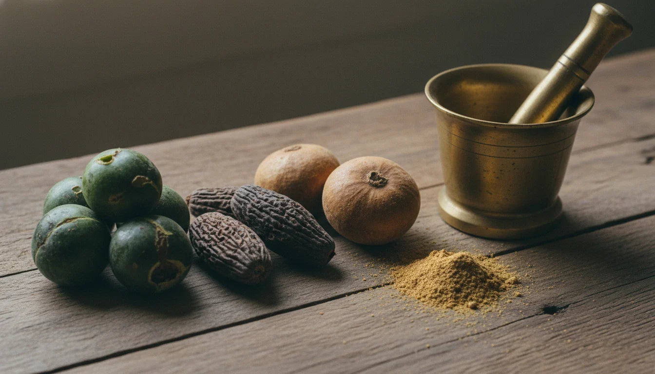 Three Triphala fruits amla haritaki bibhitaki arranged on wooden surface with mortar pestle
