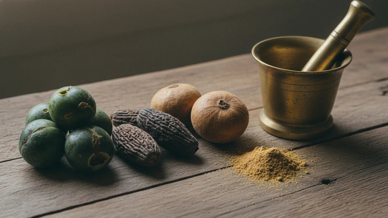 Three Triphala fruits amla haritaki bibhitaki arranged on wooden surface with mortar pestle