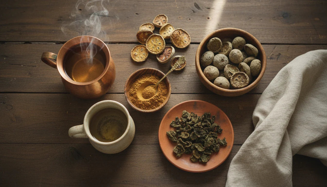 Triphala for digestion flat lay with Haritaki Bibhitaki Amalaki fruits, Triphala churna, copper lota and warm Ayurvedic infusion