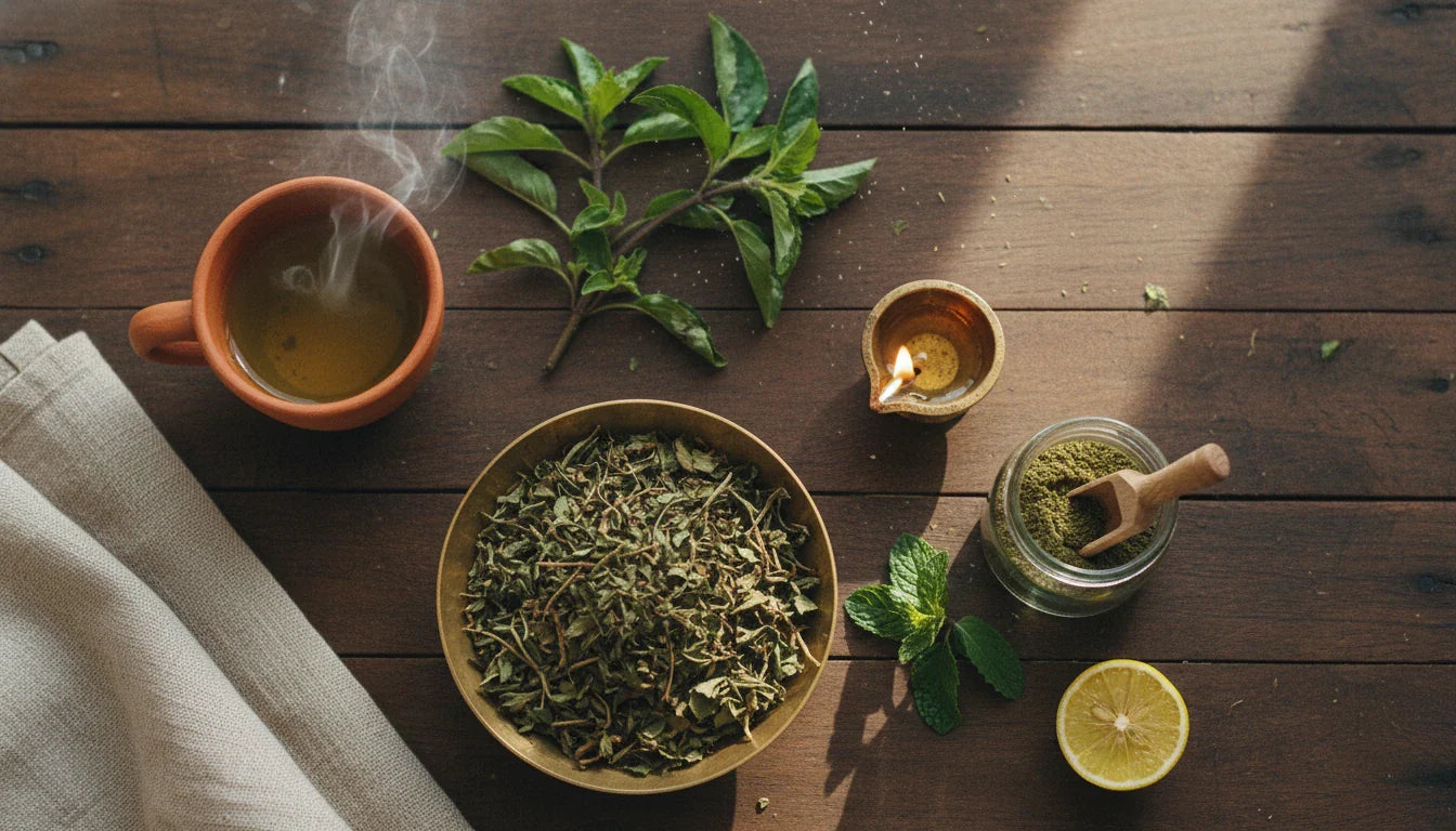Tulsi benefits flat lay with fresh holy basil leaves, tulsi tea, brass diya, dried tulsi powder and mint for Ayurvedic wellness