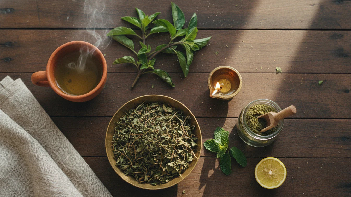 Tulsi benefits flat lay with fresh holy basil leaves, tulsi tea, brass diya, dried tulsi powder and mint for Ayurvedic wellness