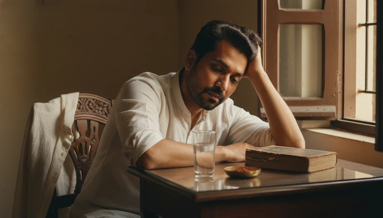Tired Indian man at his desk with classical Ayurvedic text - vajikarana energy depletion concept