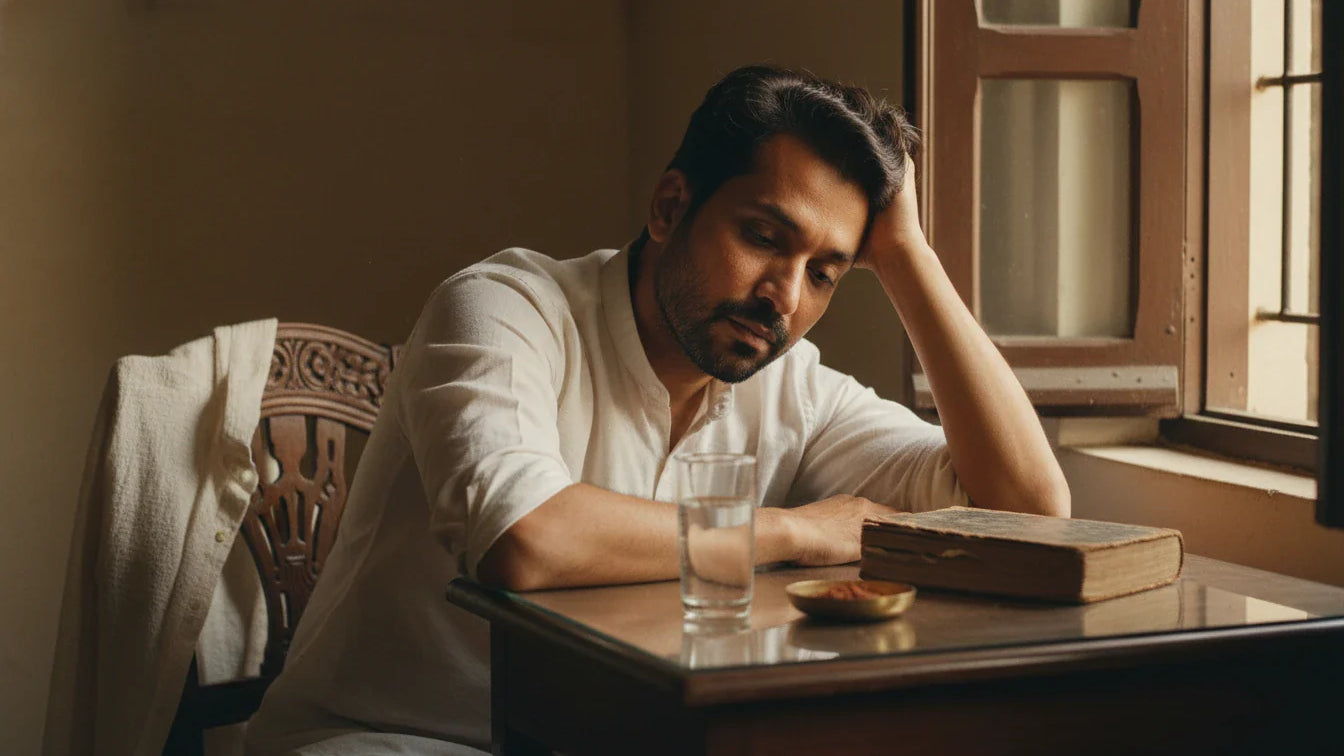 Tired Indian man at his desk with classical Ayurvedic text - vajikarana energy depletion concept