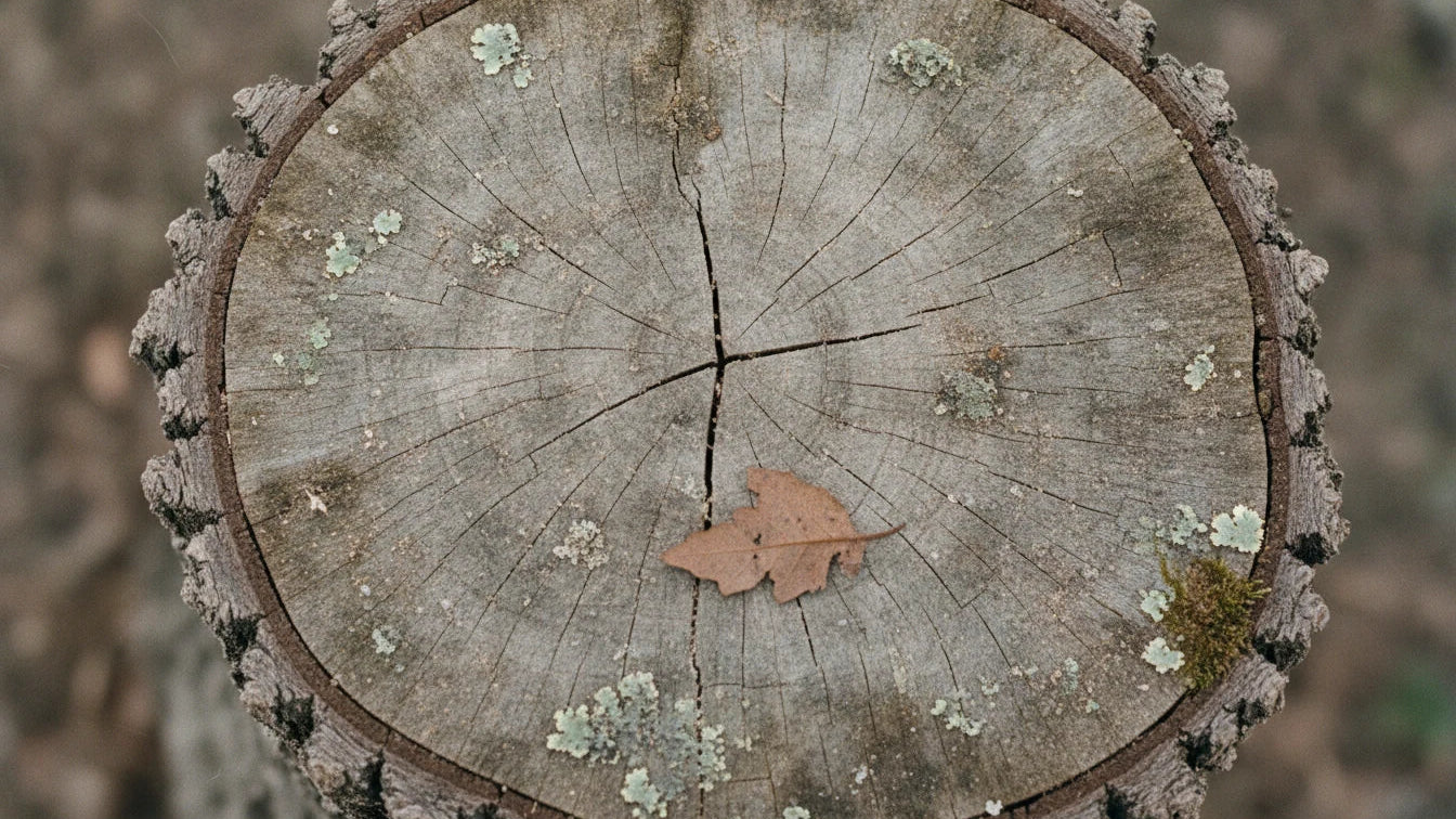 Tree-stump end grain, bark to heartwood in one body - the surface-to-depth argument of Sushruta Chikitsa Sthana 5