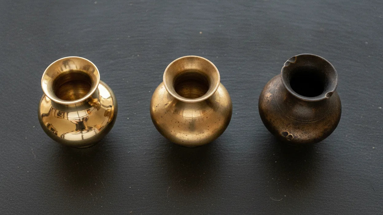 Three brass vessels aged differently in a row for Vaya, the three ages of life in Bhavaprakasha