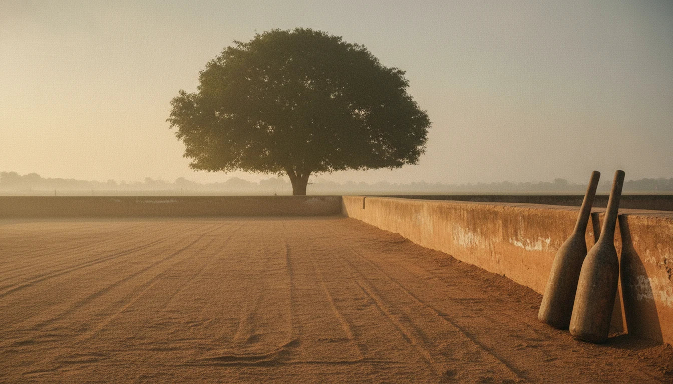 An empty raked earthen akhara at dawn, two wooden mudgar clubs against a low wall: vyayama in the Bhavaprakasha