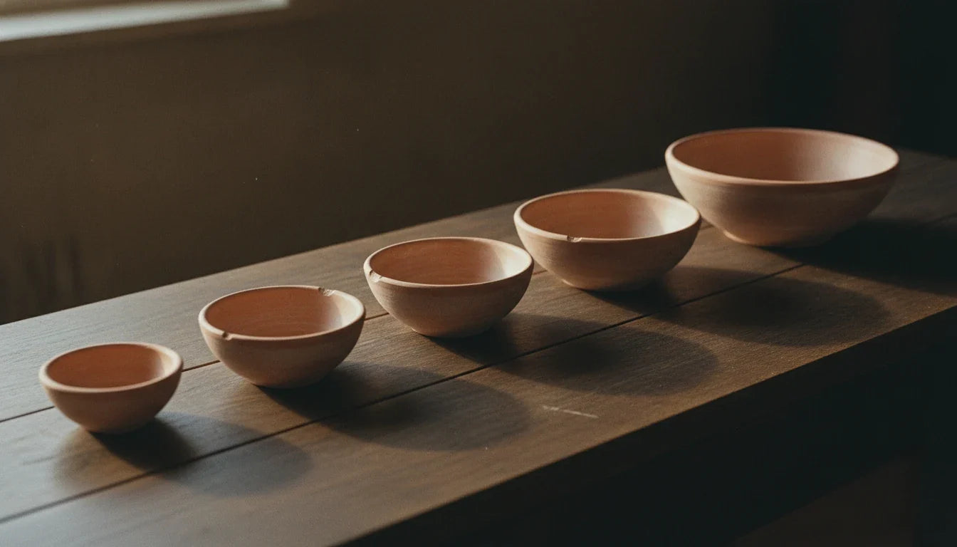 Six empty unglazed terracotta bowls of graded size set in a row on dark aged wood - the six classes of yantra in Ashtanga Hridaya Sutrasthana 25