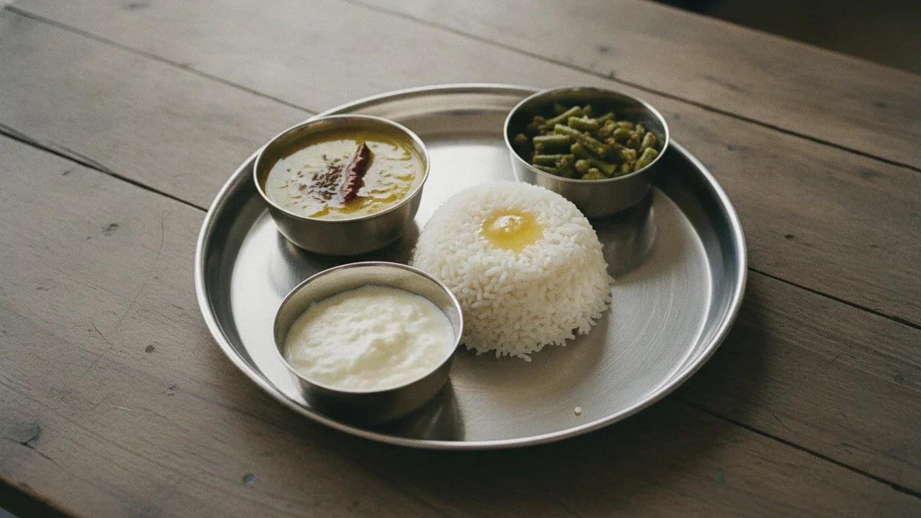 Zero-oil food in Ayurveda: a steel thali of rice with melted ghee, dal with cumin and red chilli, beans and curd