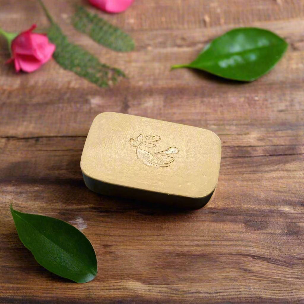 Wooden block with a logo on a blue fabric surface