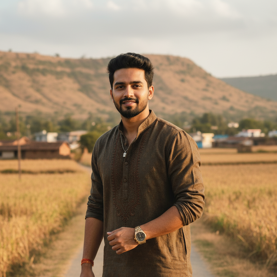 Man standing in a field with mountains in the background