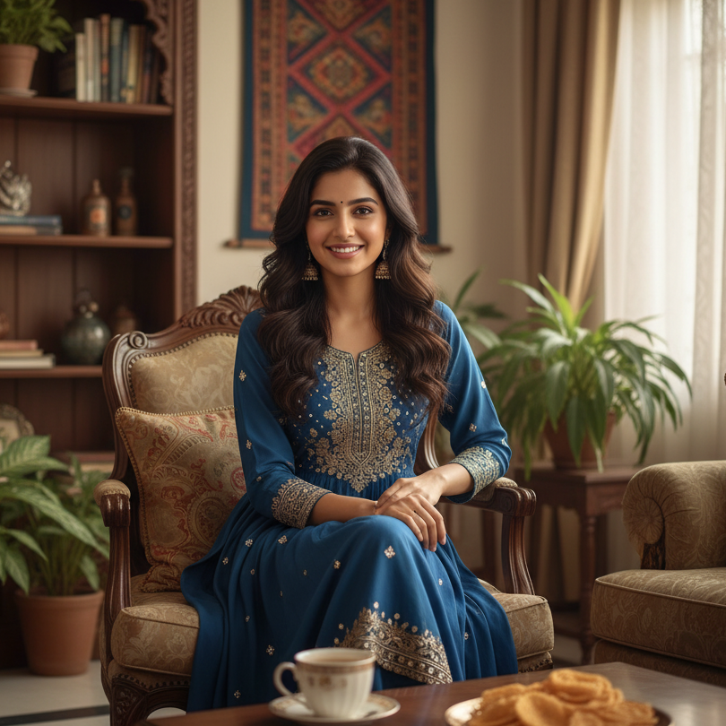 Woman in a blue dress sitting on an armchair in a cozy living room.